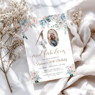 Invitación Foto floral azul y rosa cumpleaños 40