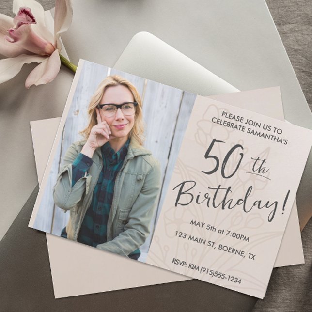 Invitación Foto floral boho para 50 cumpleaños (50th Birthday Photo Invitation)