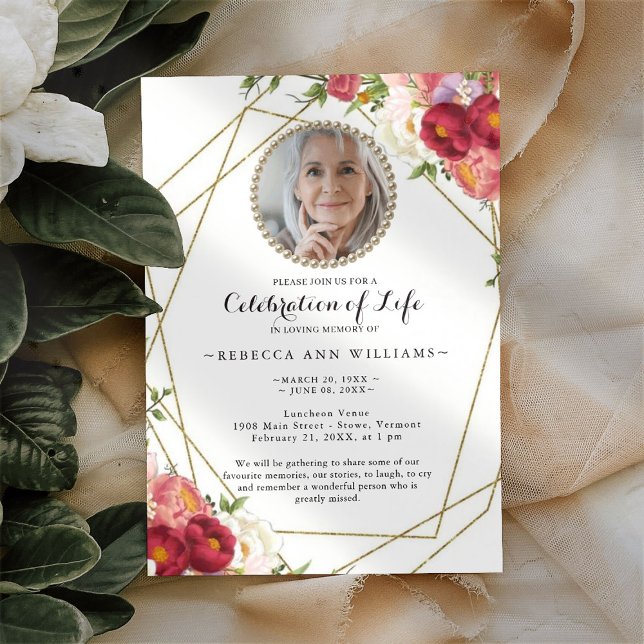 Invitación Foto Floral Burgundy Rubor Celebración de la Vida (Subido por el creador)
