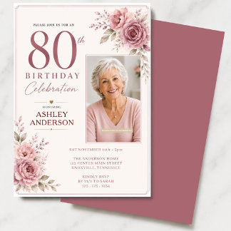 Invitación Foto Floral Cumpleaños 80 Dusty Pink