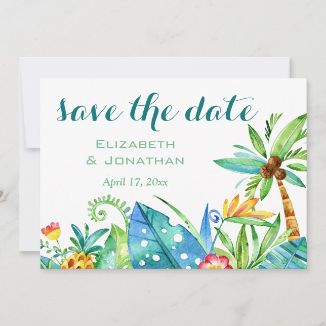 Invitación Foto Floral de acuarela tropical Guardar la fecha (Anverso)