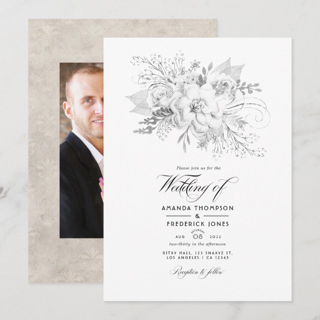 Invitación Foto floral de Boda blanco (Anverso / Reverso)