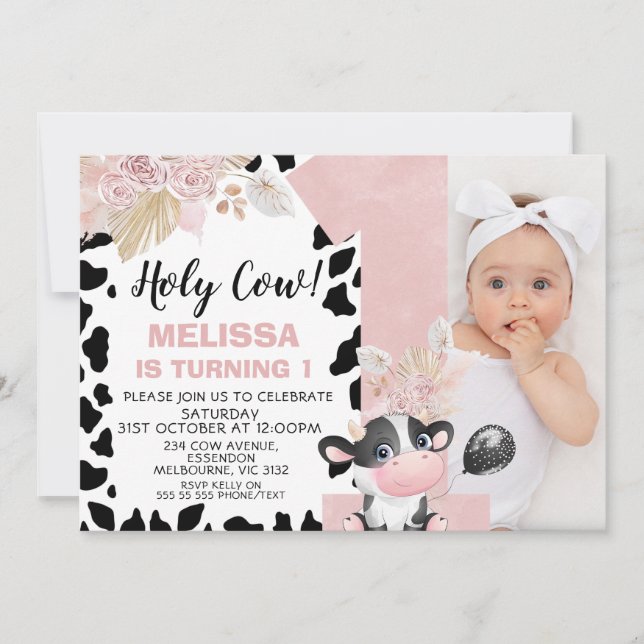 Invitación Foto Floral de Boho rosa Una vaca sagrada primer c (Anverso)