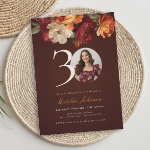 Invitación Foto floral de Borgoña romántica para 30 cumpleaño