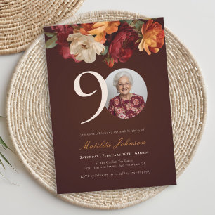 Invitación Foto floral de Borgoña romántica para 90 cumpleaño