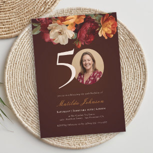 Invitación Foto floral de Borgoña romántico para 50 cumpleaño