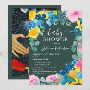 Invitación Foto floral de color verde rústico con ducha de be