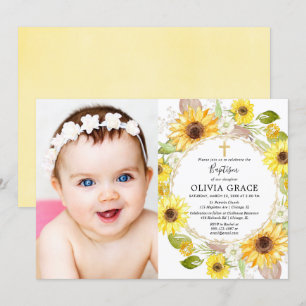 Invitación Foto floral de la acuarela del bautismo amarillo