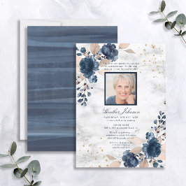 Invitación Foto floral de mármol rosa de Rubor azul de la mar