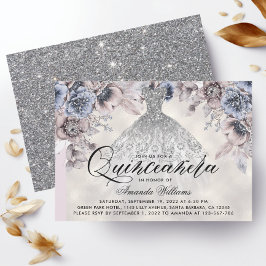 Invitación Foto floral de moda con traje de plata Quinceañera