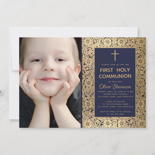 Invitación Foto floral de oro azul de la primera comunión (Anverso)