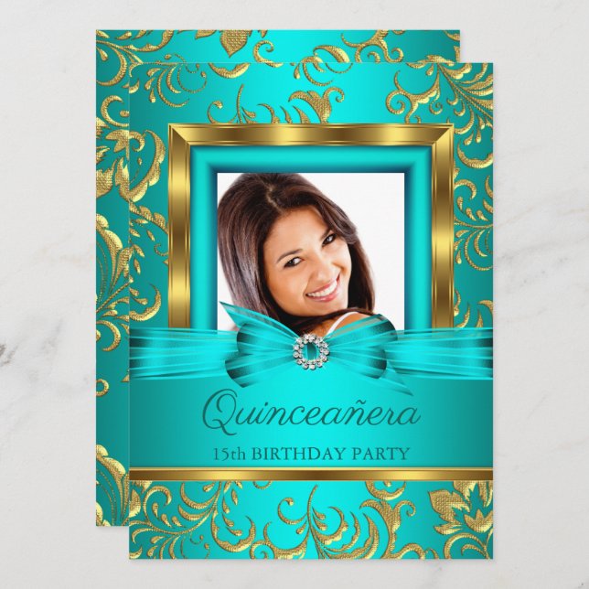 Invitación Foto floral de oro azul Verde azulado Quinceanera (Anverso / Reverso)