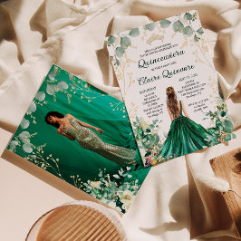 Invitación Foto floral de oro verde esmeralda Quinceanera