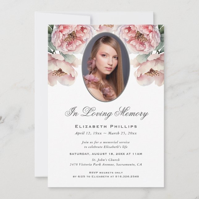 Invitación Foto Floral De Peonies Rosados En Memoria Amante (Anverso)
