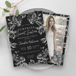 Invitación Foto floral de plata negra SORPRESA dulce 16