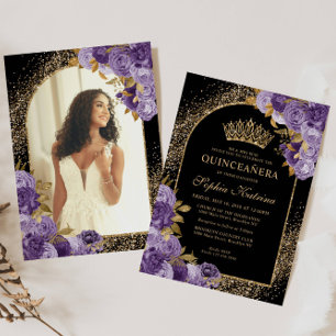 Invitación Foto floral de Purpurina Black Purple Gold Quincea