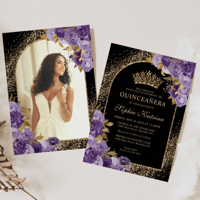 Invitación Foto floral de Purpurina Black Purple Gold Quincea (Subido por el creador)