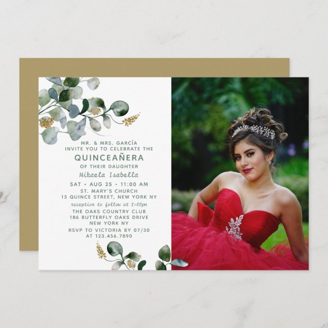 Invitación Foto Floral de Quinceañera Eucalyptus Greenery (Anverso / Reverso)