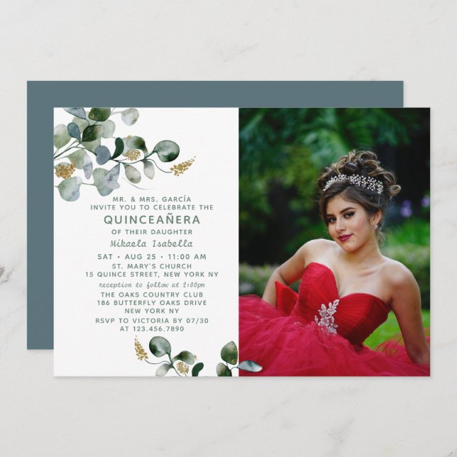 Invitación Foto Floral de Quinceañera Eucalyptus Greenery (Anverso / Reverso)