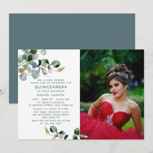 Invitación Foto Floral de Quinceañera Eucalyptus Greenery