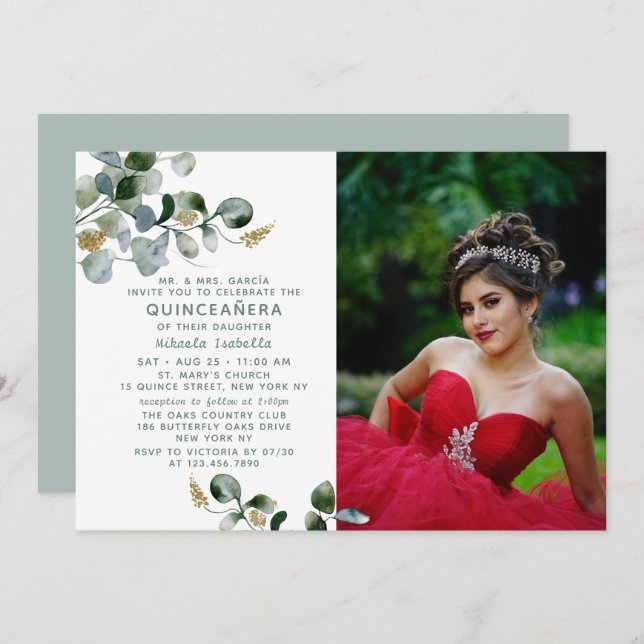 Invitación Foto Floral de Quinceañera Eucalyptus Greenery (Anverso / Reverso)