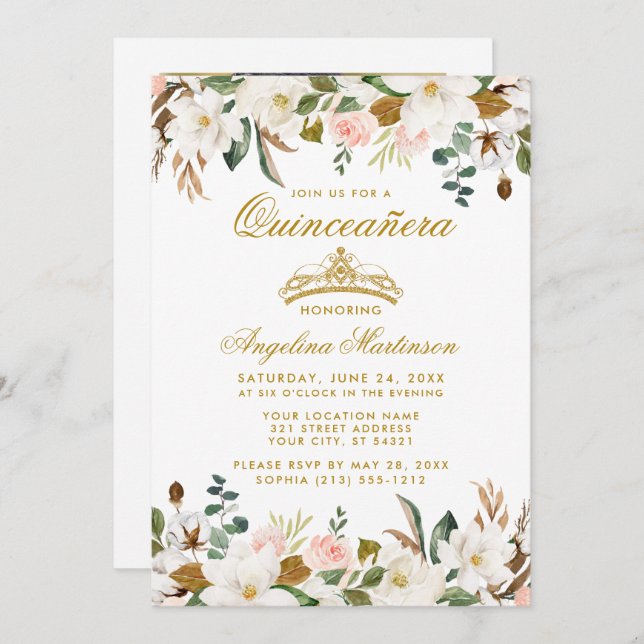 Invitación Foto floral de Quinceanera Magnolias Rosas (Anverso / Reverso)