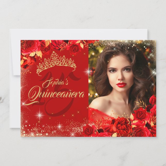 Invitación Foto floral de Red Rose Gold Quinceanera (Anverso)