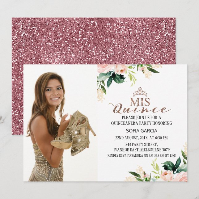 Invitación Foto floral de Rosa moderno Quinceañera (Anverso / Reverso)