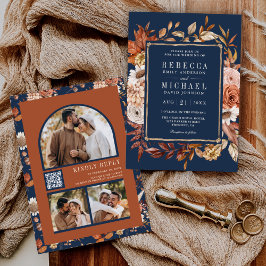 Invitación Foto Floral de Terracotta Código QR Boda azul de l