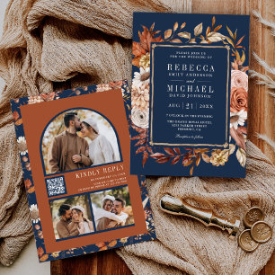 Invitación Foto Floral de Terracotta Código QR Boda azul de l