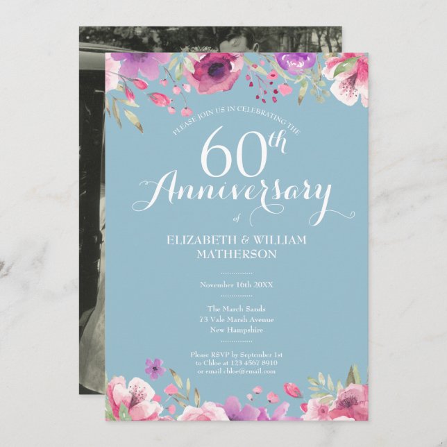 Invitación Foto floral del 60 aniversario de bodas de diamant (Anverso / Reverso)