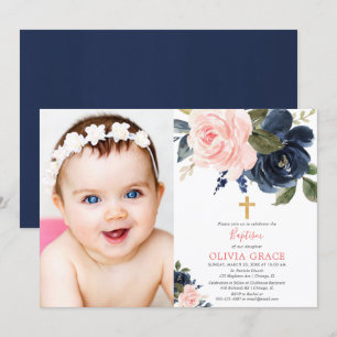 Invitación Foto floral del bautismo del chica de los azules