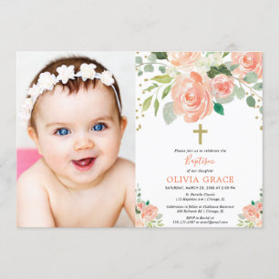 Invitación Foto floral del chica del bautismo de las