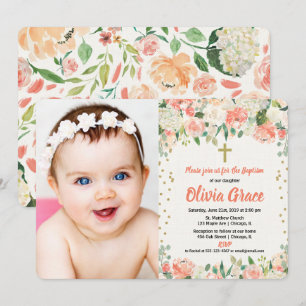 Invitación Foto floral del chica del bautismo del melocotón y