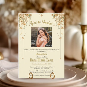 Invitación Foto Floral Dorada Mis Quince Quinceañera 15°