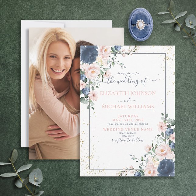Invitación Foto floral dorada rosa Rubor azul turbio claro (Subido por el creador)