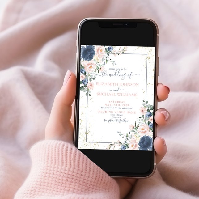 Invitación Foto floral dorada rosa Rubor azul turbio claro (Subido por el creador)