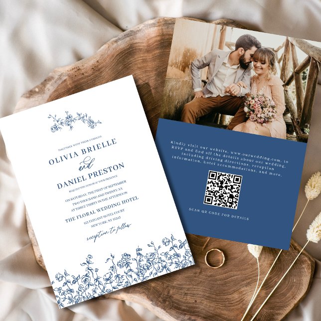 Invitación Foto floral francesa Código QR Boda azul de la Mar (Subido por el creador)