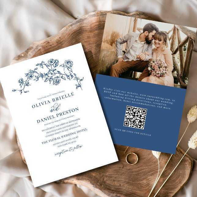 Invitación Foto floral francesa Código QR Boda azul de la Mar (Subido por el creador)