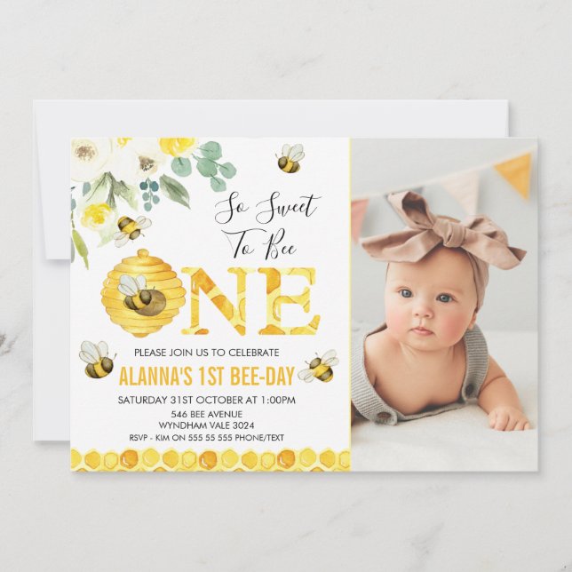 Invitación Foto Floral Honey Bee Primer Cumpleaños de Abeja (Anverso)
