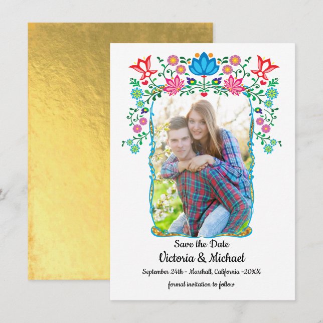 Invitación Foto Floral Mexicana Fiesta Salven la fecha (Anverso / Reverso)