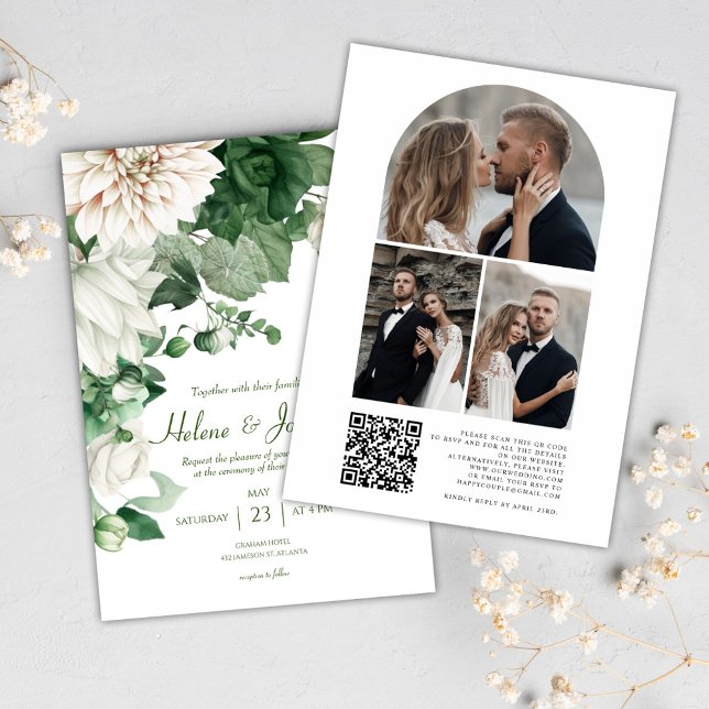 Invitación Foto floral moderna Código QR Boda verde esmeralda (Modern Floral Photo QR Code Emerald Green Wedding Invitation)