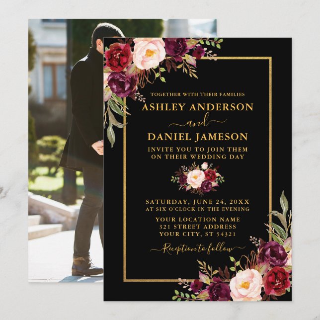 Invitación Foto floral moderna de Borgoña con oro negro (Anverso / Reverso)