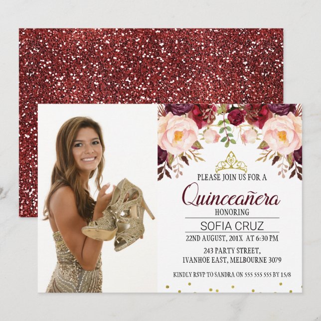 Invitación Foto floral moderna de Maroon Quinceañera (Anverso / Reverso)