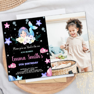Invitación Foto Floral negra bajo el mar Cumpleaños de la sir