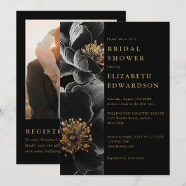 Invitación Foto Floral Negra Y Oro Código QR Ducha De Novias