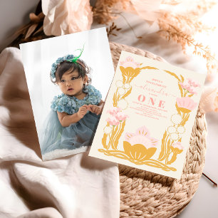 Invitación Foto Floral Oro Rosa Primer Cumpleaños