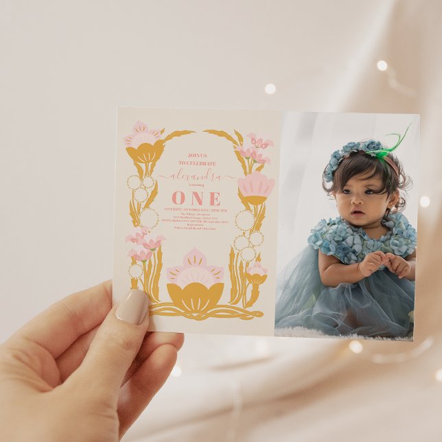Invitación Foto Floral Oro Rosa Primer Cumpleaños (Subido por el creador)