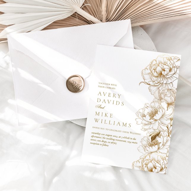 Invitación Foto Floral Peonies White Golden Elegant Wedding (Subido por el creador)