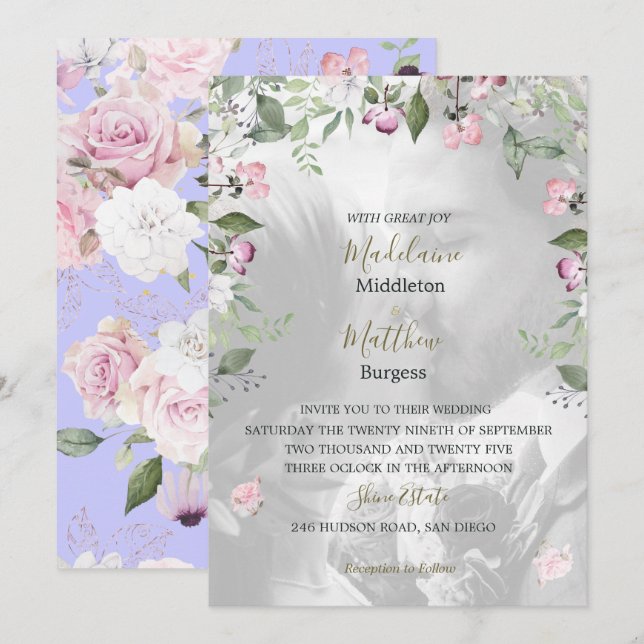 Invitación Foto Floral Purple Gold Boda Rosa (Anverso / Reverso)